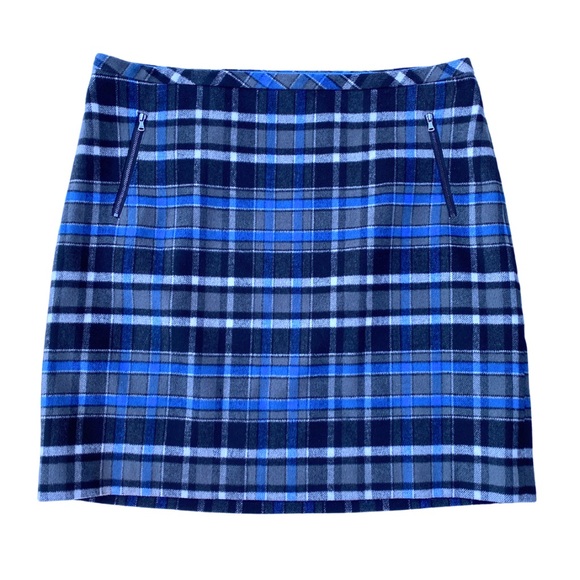 Talbots Wool Plaid Mini Skirt Faux Zipper Detail Blue Grey Size 18 Career Grunge - Picture 1 of 8